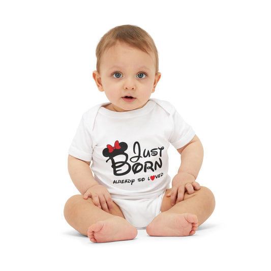 Just Born Already So Loved Baby Bodysuit, Cute Infant One Piece, Newborn Gift, Mickey Mouse Inspired Outfit, Baby Shower Essentials