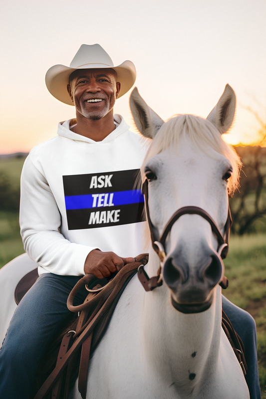 ASK, TELL, MAKE - Blue Line Hoodie, Unisex Heavy Blend Hooded Sweatshirt, Police Support Apparel, Law Enforcement Gear, Gift for First Responders.